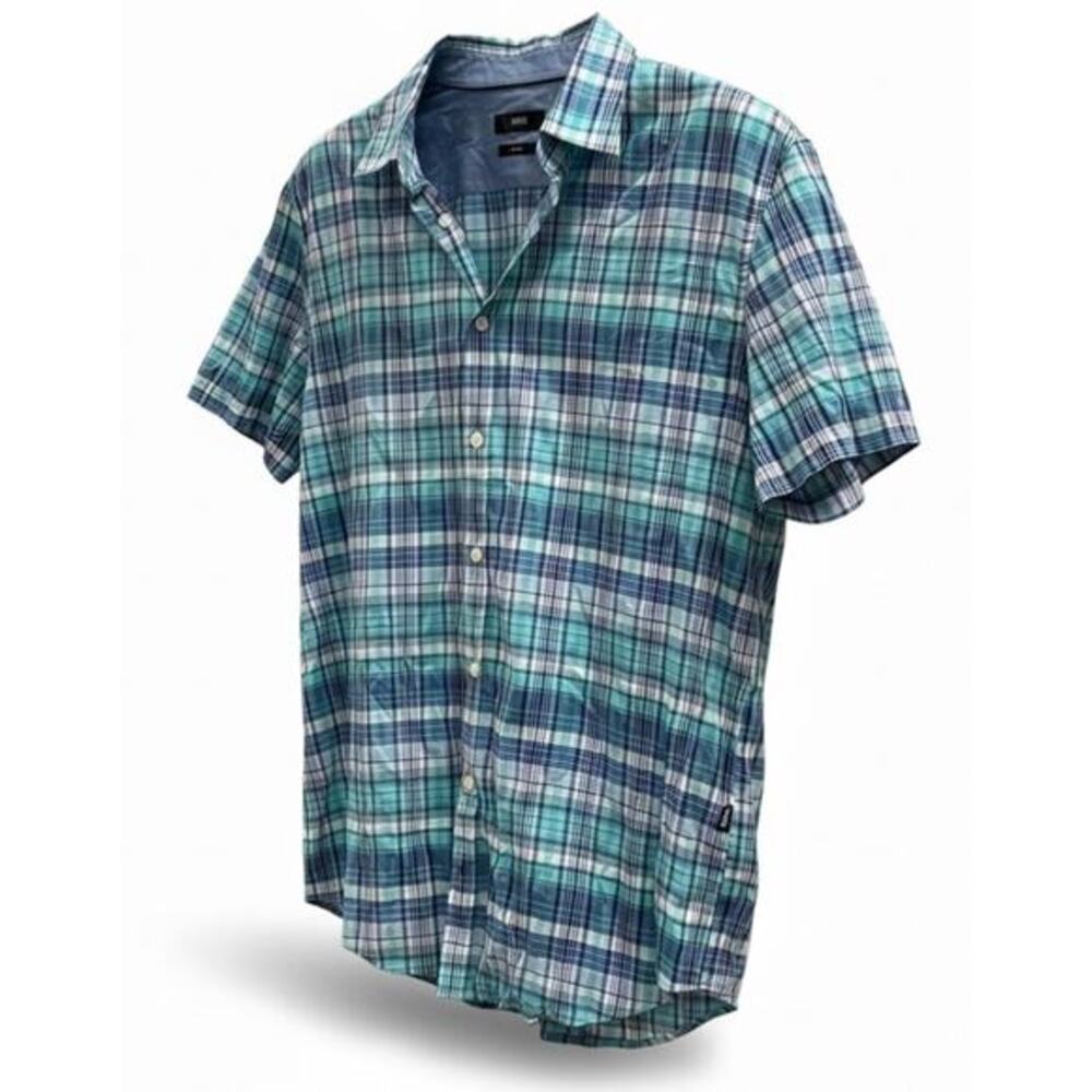 HUGO BOSS Blue plaid lightweight slim fit button up top NWOT big & tall sz XXL